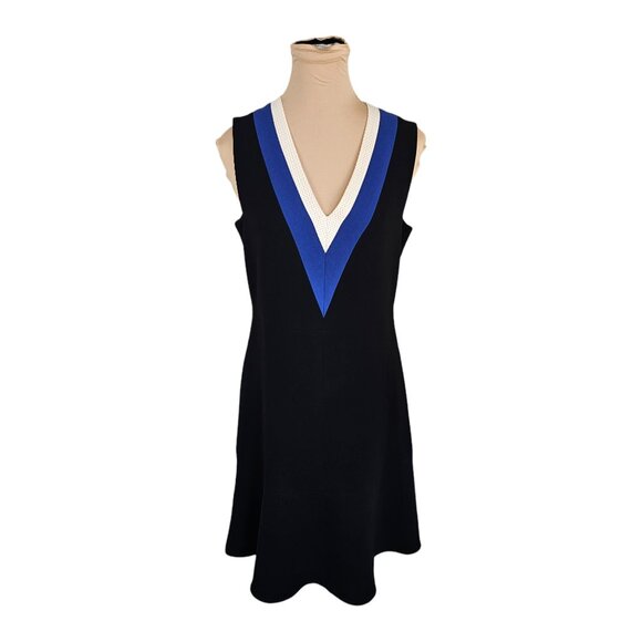 Judith & Charles Black Blue White Fit & Flare V-Neck Dress Sz 8 - Picture 1 of 8